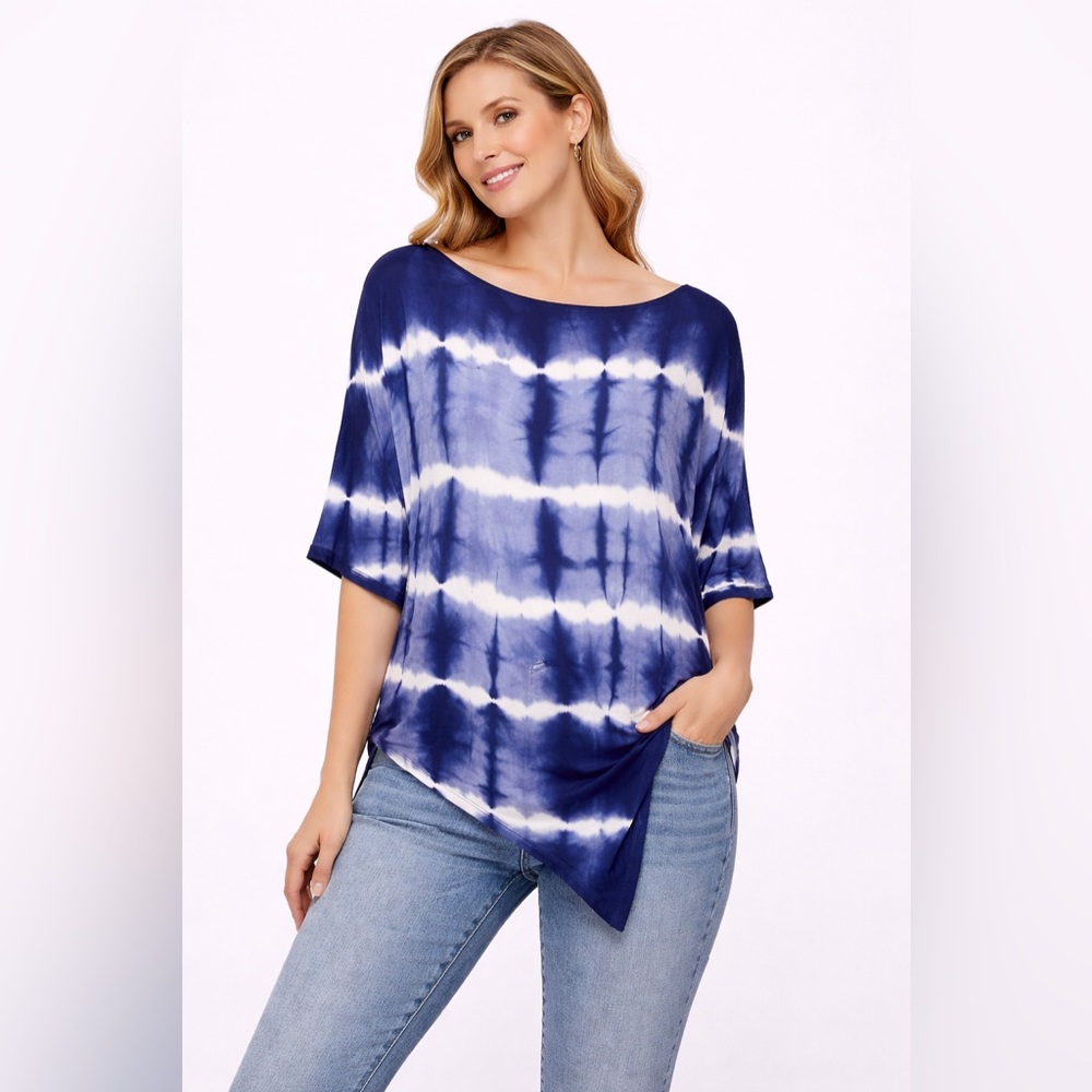 Relaxed Navy Tie-Dye Short Sleeve Boatneck Top